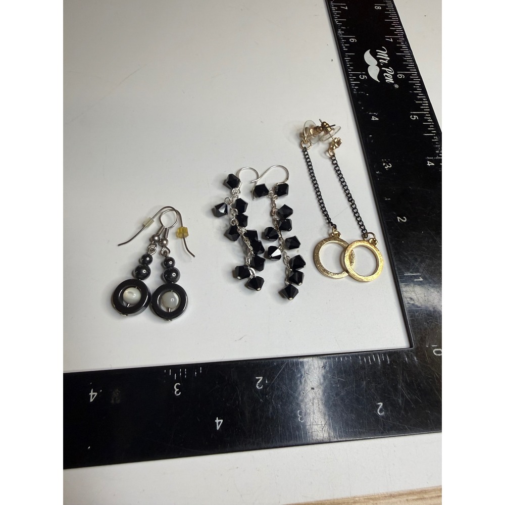 3 Pair Black Hematite Gold Tone Dangle Earrings Set Crystal Geometric Drop